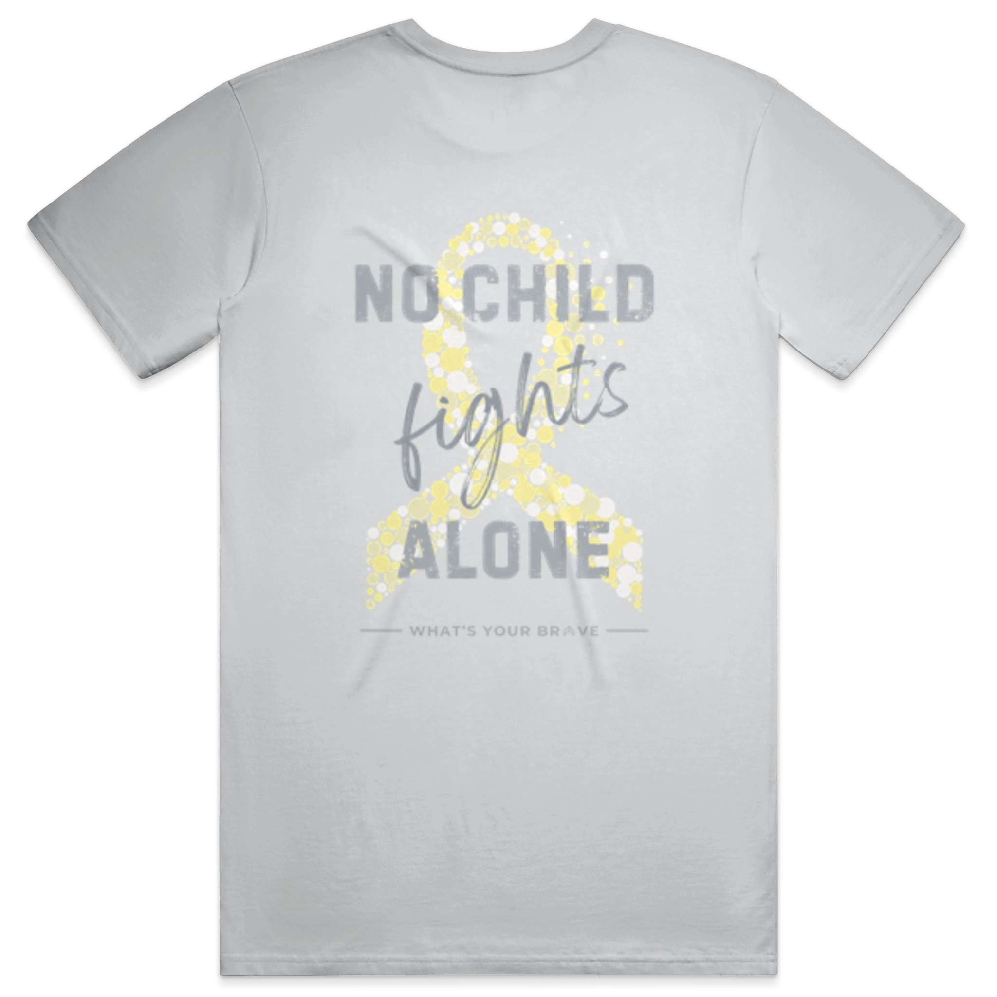 Adult – No Child Fights Alone – Short Sleeve Tee. Childhood cancer awareness.  Donate to childhood cancer